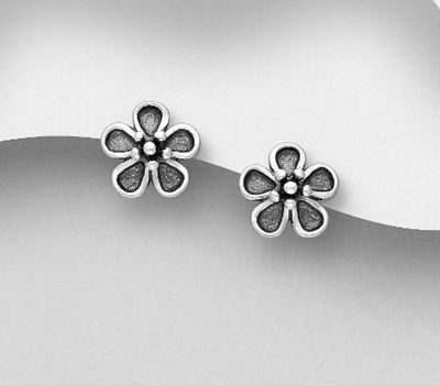 925 Sterling Silver Oxidized Flower Push-Back Earrings