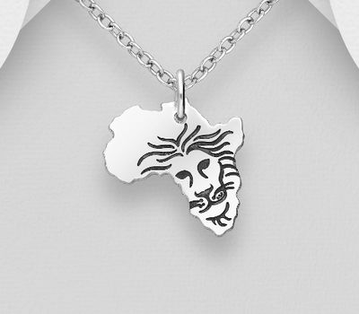 925 Sterling Silver OxidizedAfrica Map Pendant, Featuring Engraved Lion