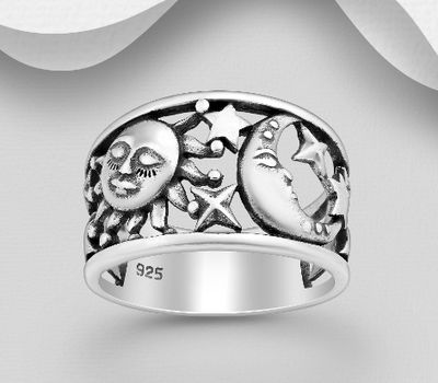 925 Sterling Silver Oxidized Moon, Sun and Star Ring