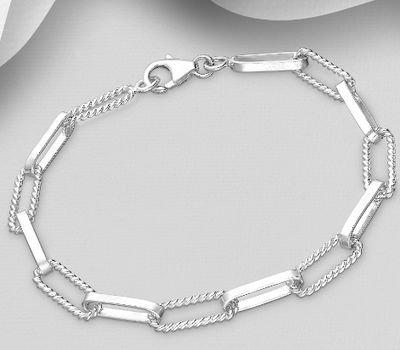 925 Sterling Silver Links Bracelet, 5 mm Wide.