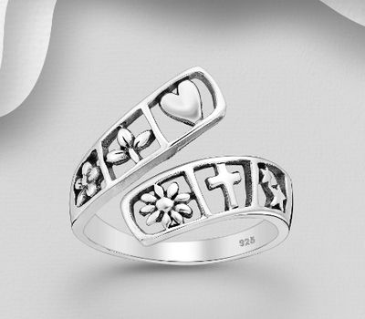 925 Sterling Silver Adjustable Oxidized Ring, Featuring Cross, Flower Heart and Star Design