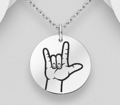 925 Sterling Silver Oxidized I love you sign Engraved Pendant