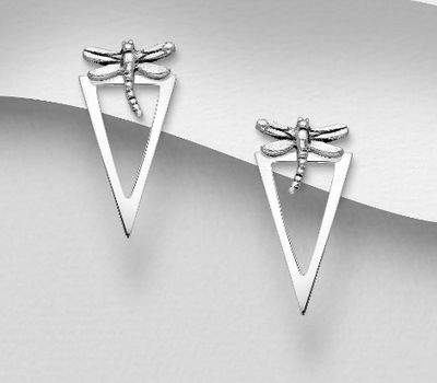 925 Sterling Silver Oxidized Triangle Jacket Earrings, Featuring Dragonfly