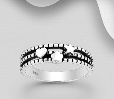925 Sterling Oxidized Silver Ring Featuring Heart, Flower and Star
