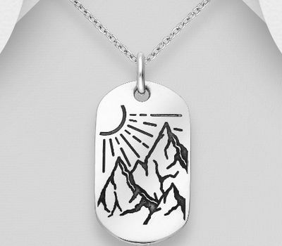 925 Sterling Silver Oxidized Alps Mountain Scene Engraved Pendant, Featuring Sun design