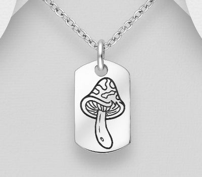 925 Sterling Silver Oxidized Mushroom Engraved Pendant