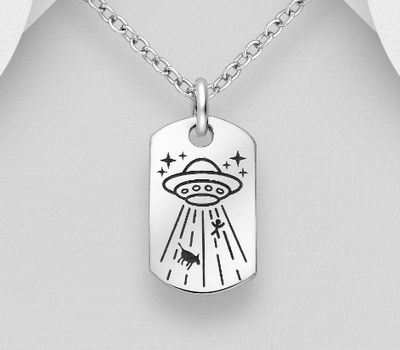 925 Sterling Silver Oxidized Spaceship Engraved Pendant