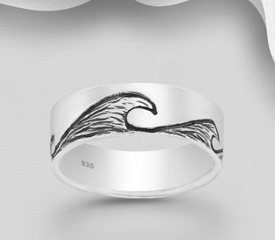 925 Sterling Silver Oxidized Wave Ring, 6.5 mm Wide