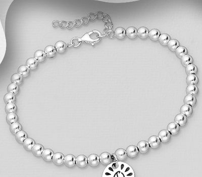 925 Sterling Silver Ball Bracelet, Featuring Oxidized Peace Symbol Engraved Charm