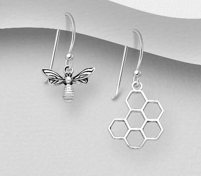925 Sterling Silver Oxidized Bee and Beehive Hook Earrings