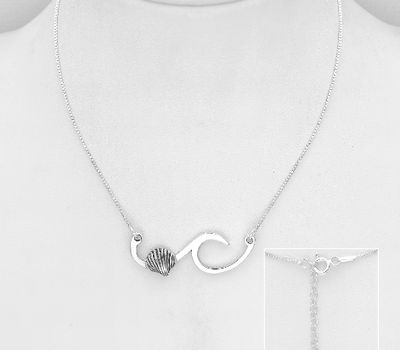 925 Sterling Silver Wave Necklace Featuring Oxidized Shell
