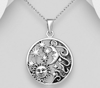 925 Sterling Silver Oxidized Pendant, Featuring Sun, Star and Moon Design
