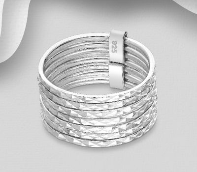 Set of 7 Sterling Silver Bound Band Ring Featuring Diamond Cut Textured Pattern