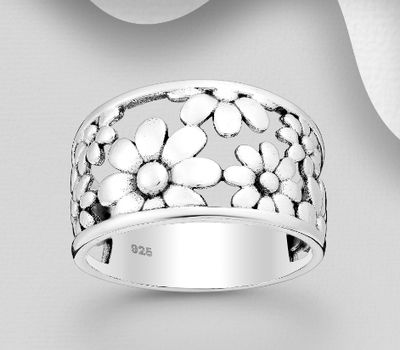 925 Sterling Silver Oxidized Flower Ring