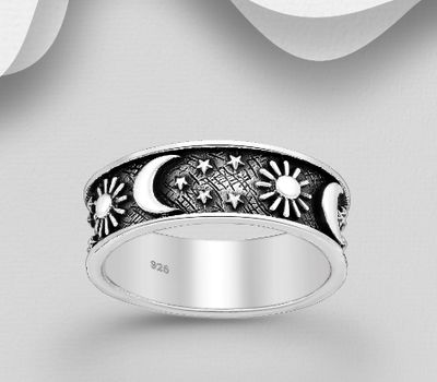925 Sterling Silver Oxidized Band Ring, Featuring Crescent Moon, Star and Sun, 7 mm Wide
