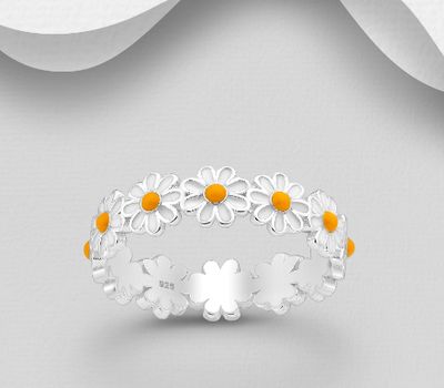 925 Sterling Silver Flower Band Ring, Decorated with Colored Enamel