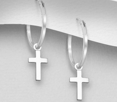 925 Sterling Silver Hoop Earrings With Cross Charm