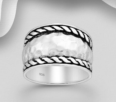 925 Sterling Silver Oxidized Hammered Ring, 13.5 mm