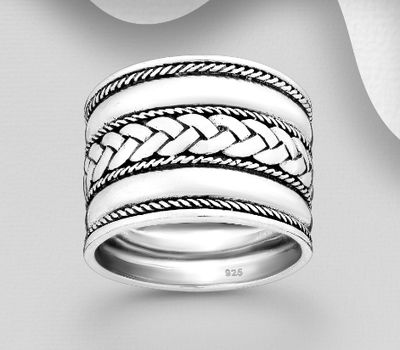 925 Sterling Silver Oxidized Weave Pattern Ring, 16 mm Wide.