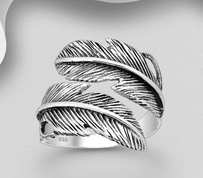 925 Sterling Silver Adjustable Oxidized Feather Ring
