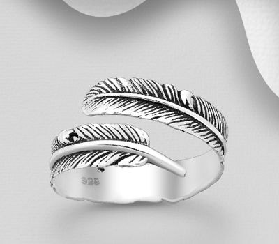 925 Sterling Silver Adjustable Oxidized Feather Ring