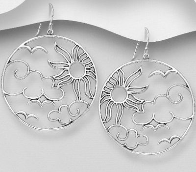 925 Sterling Silver Oxidized Hook Earrings Featuring Birds, Clouds and Sun