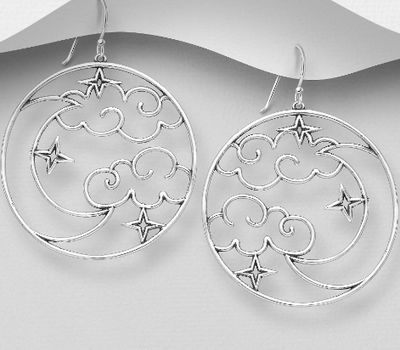 925 Sterling Silver Oxidized Hook Earrings Featuring Clouds, Moon and Stars