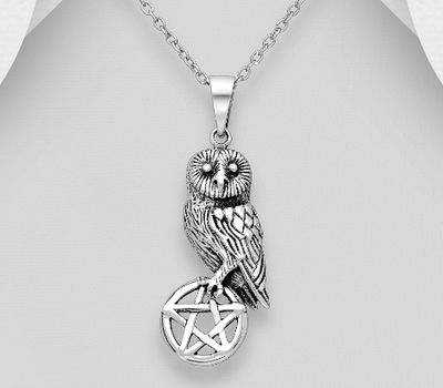 925 Sterling Silver Oxidized Owl Pendant, Featuring Star