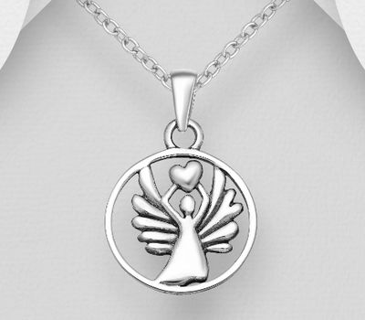 925 Sterling Silver Oxidized Angel and Heart Pendant