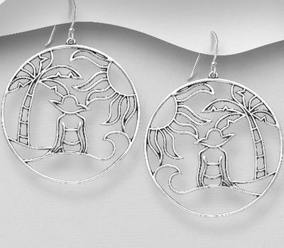 925 Sterling Silver Oxidized Hook Earrings Featuring Vacationing Lady, Coconut Trees, Sun and Waves