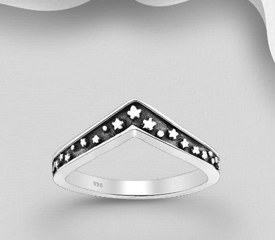 925 Sterling Silver Oxidized Chevron Ring, Featuring Tiny Stars