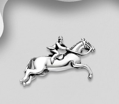 925 Sterling Silver Oxidized Girl Riding Horse Brooch