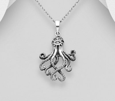 925 Sterling Silver Oxidized Octopus Pendant