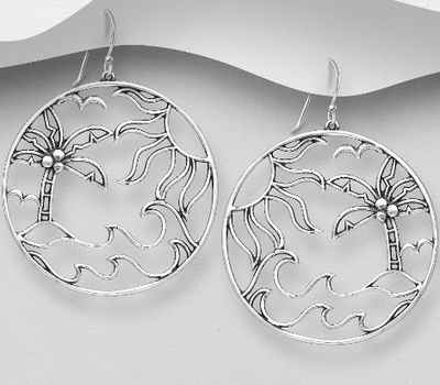 925 Sterling Silver Oxidized Hook Earrings Featuring Coconut Trees, Sun and Waves