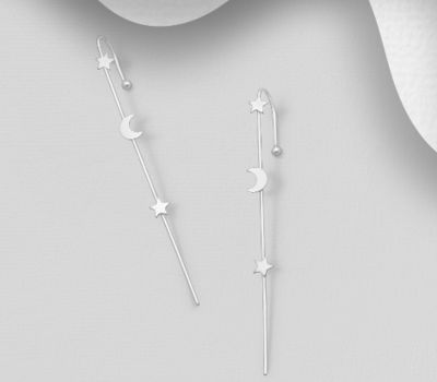 925 Sterling Silver Moon and Star Ear Pin Cuffs