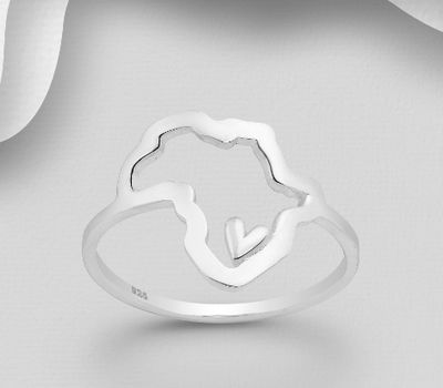 925 Sterling Silver Africa Map Ring, Featuring Heart