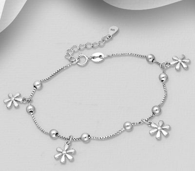 ITALIAN DELIGHT - 925 Sterling Silver Bracelet, Featuring Ball and Flower Design, Made in Italy.