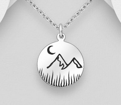 925 Sterling Silver Oxidized Mountain and Moon Pendant