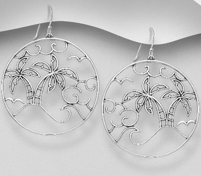925 Sterling Silver Oxidized Hook Earrings Featuring Coconut Trees, Birds and Waves