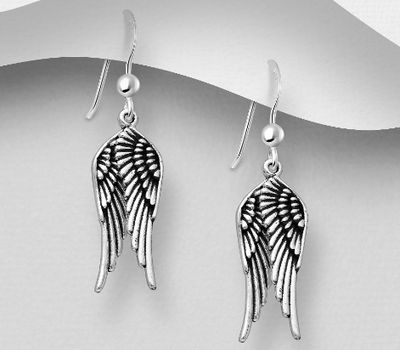 925 Sterling Silver Oxidized Wings Hook Earrings