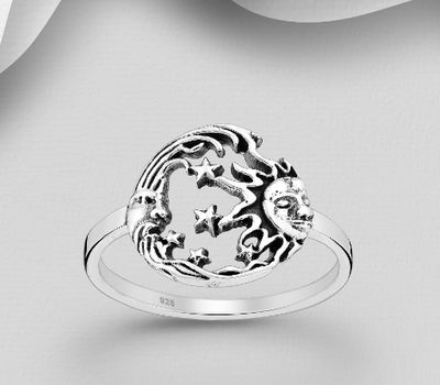 925 Sterling Silver Oxidized Crescent Moon and Sun Face Ring