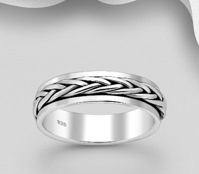 925 Sterling Silver Oxidized Weave Spin Band Ring, 5.5 mm Wide.