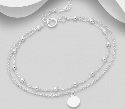 925 Sterling Silver Layered Bracelet, Featuring Ball and Circle Tag, Engravable