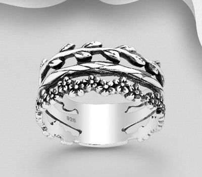 925 Sterling Silver Oxidized Flower Ring, Featuring Branch Design