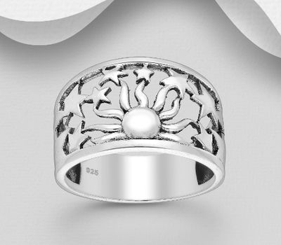 925 Sterling Silver Oxidized Ring Featuring Sun and Stars