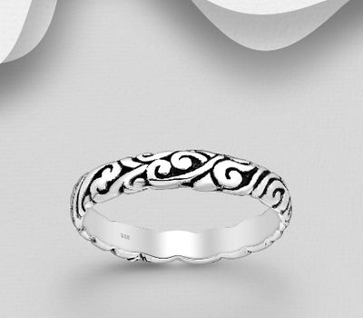 925 Sterling Silver Oxidized Swirl Band Ring, 4 mm Wide