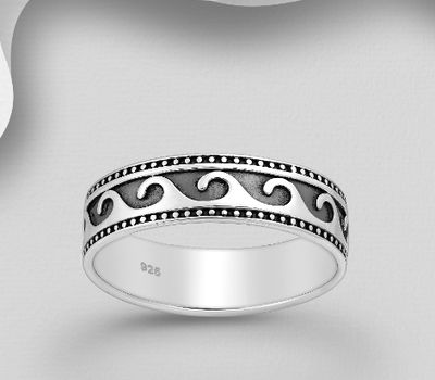 925 Sterling Silver Oxidized Wave Band Ring, 5 mm Wide.