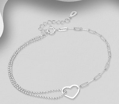 925 Sterling Silver Adjustable Heart Bracelet Featuring Bead and Paperclip Chain