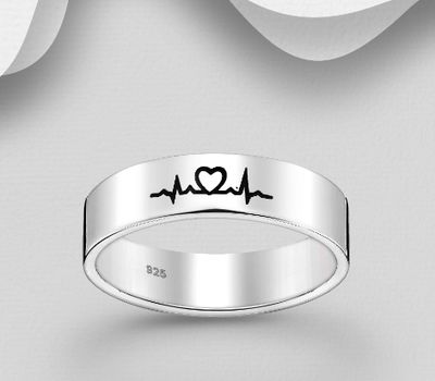 925 Sterling Silver Oxidized Heartbeat Ring, 5 mm Wide.