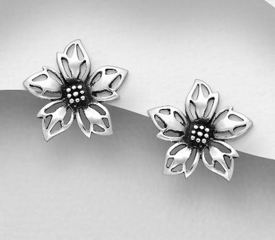 925 Sterling Silver Oxidized Flower Push-Back Earrings